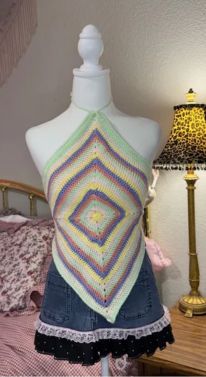Handmade Pastel Multicolor Crochet Halter Camisole Top thumbnail 1