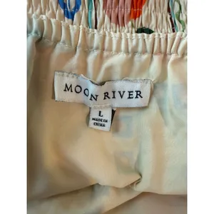 Moon River Womens L Midi Dress Cream Multi Color Fruit Print Smocked Tiered Boho thumbnail 3