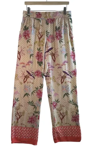World Market Floral Wide Leg‎ Pants Viscose Cream Pink Bird Print Size S/M Boho thumbnail 1
