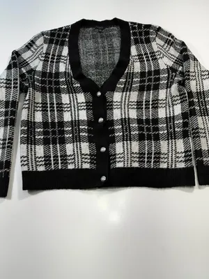 Talbots Black and White Plaid V-Neck Cardigan with Silver Buttons Size Large thumbnail 2