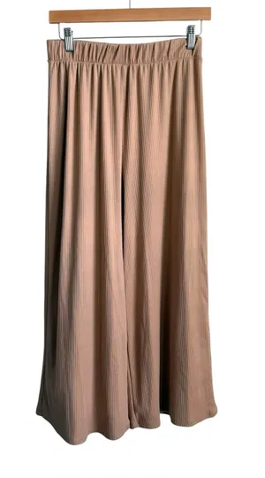 Dressed in Lala Ribbed Wide Leg Pull-On Pants Beige Tan Medium thumbnail 1