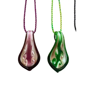 Set of 4 Hand Blown Art Glass Flame Teardrop Pendant Cord Necklaces‎ Multi Color thumbnail 3