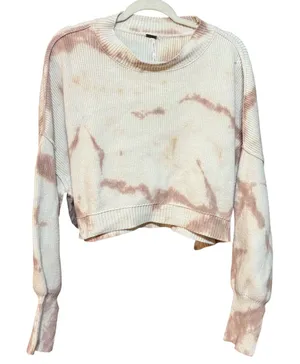 Free People Tie Dye Cropped‎ Ribbed Knit Pullover Sweater Mauve Cream Medium thumbnail 1