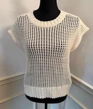Open Knit Cream Cap Sleeve Sweater Pullover Breezy Summer Crochet Top Cover-Up thumbnail 1