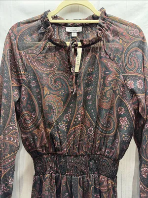 Allison Joy NWT Alexis Black Rust Pine Paisley Print Smocked Waist Midi Dress thumbnail 3