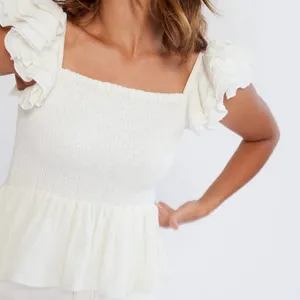 Mille Athena Gauzy Smocked Ruffles Coastal Resortwear Luxury Vacation Top XS thumbnail 1