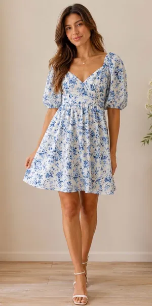 NWT Altar'd State Blue Floral Puff Sleeve CottageCore Mini Dress thumbnail 1