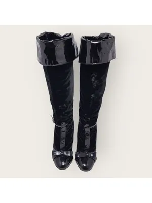 Laurence Dacade Velvet Patent Leather Bow Knee High Wedge Heels Boot Size 38 thumbnail 3