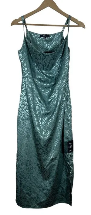 NWT Lulus Cowl Neck Jacquard Animal Print Midi Dress Sage Green Glam Slit Size S thumbnail 1