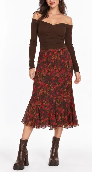 Vintage Sara B Studio Brown Floral Chiffon Midi Skirt Y2K Boho Ruffle Fairy Core thumbnail 1