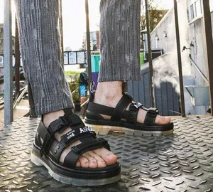 DR MARTENS Black Leather Combat Sandals Shoes New thumbnail 1