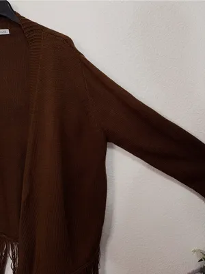 Miss Sparkling Brown Fringe Open Front Waterfall Longline Knit Cardigan thumbnail 5
