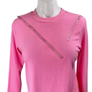 NEW Ma Cherie Pink Rib Knit Long Sleeve Aymmetric Zipper Cutout Sweater Top Sz L thumbnail 3