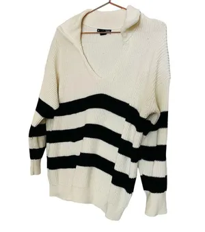 SOON Maternity Jenni Black White Striped Collared V-Neckline Sweater Size Medium thumbnail 3