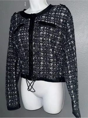 White House Black Market Black Tweed Style Cropped Leather Trim Jacket Large thumbnail 2