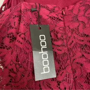 Boohoo Jess Lace Open Shoulder Dress Midi Berry NWT New Cocktail Straps‎ Bodycon thumbnail 4