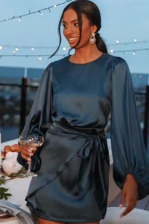 Petal & Pup Opal Navy Blue Satin Long Balloon Sleeve Wrap Mini Dress 4 thumbnail 1