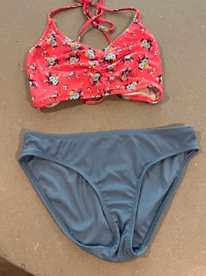 Shade &‎ Shore XS (0-2) Floral Swimsuit Bikini Set Coral Blue Ribbed thumbnail 1