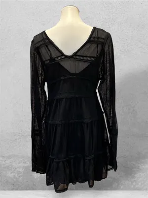 Free People Black Mesh Lace Tiered Mini Dress S thumbnail 6
