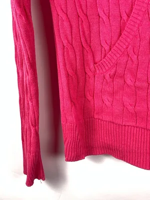 Kate Lord Womens Sweater L Pink Cable Knit Full Zip Golf Cardigan Pockets thumbnail 8