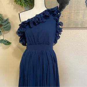 NWOT Lulus Splendid Charisma Navy Ruffled Pleated One-Shoulder Midi Dress thumbnail 3