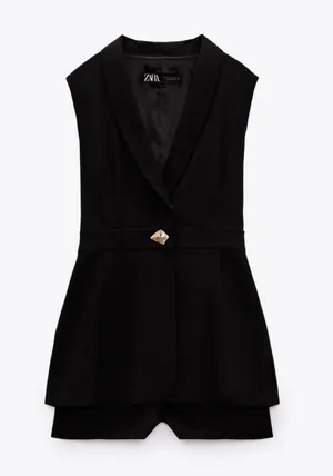 ZARA Black Sleeveless Blazer Romper with Gold Button thumbnail 1