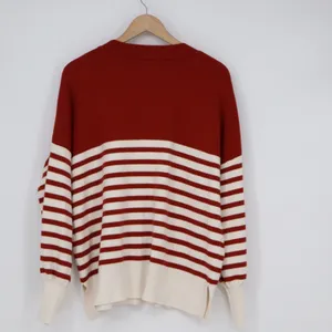 Red Cream Striped Oversized Crewneck Sweater Long Sleeve Side Slit Size M thumbnail 5