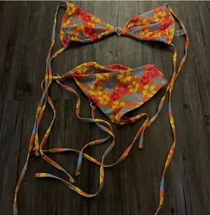 Floral Lace-Up Triangle Halter Bikini Orange Swim Set thumbnail 1