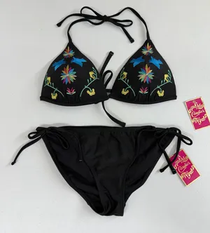 NEW‎ Candie's black floral embroidered push up tie halter bikini swimsuit set M thumbnail 1