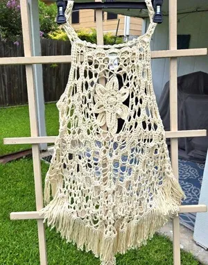 Natural boho Cotton crochet top LARGE Tan thumbnail 1