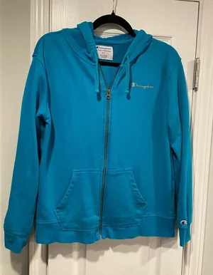 Champion Size M Turquoise Full Zip Cotton Blend Hoodie Sweatshirt Pockets thumbnail 1