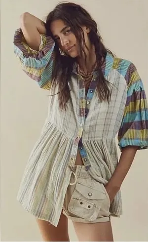 Free People Sunshine Bay Top in Green Plaid size S thumbnail 1