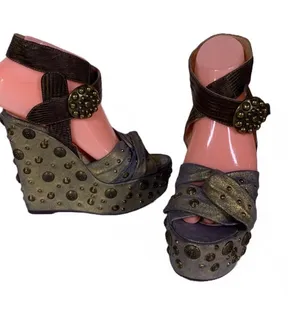 Guillaume Hinfray Gold An Blue Leather Studded Distressed Wedge Heels (36) thumbnail 1