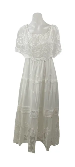 Womens White Embroidered Sheer Mesh Tiered Half Sleeve A Line Maxi Dress Size S thumbnail 1