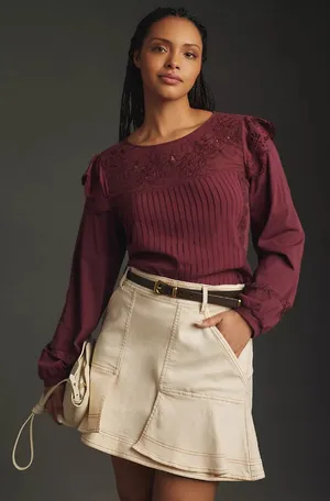 Anthropologie Tiny Long-Sleeve Crescent Ruffled Lace Top Size M thumbnail 1