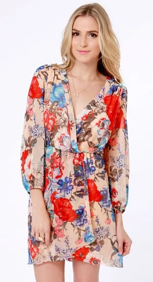 Honey Punch Nude Multicolor Floral Print Flowy Long Sleeve Dress Lulus Womens M thumbnail 1