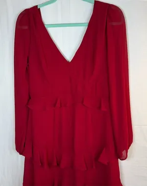 Trixxi Dress Womens M Red Chiffon Ruffle Tiered Mini V-Neck Long Sleeve thumbnail 1