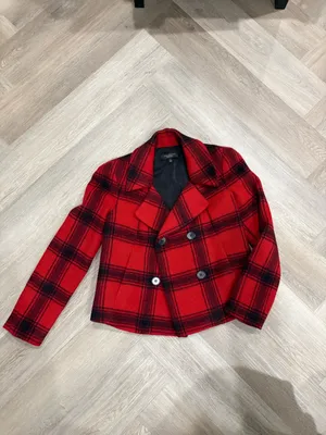 Talbots Red Black Plaid Wool Double Breasted Peacoat Size 2 thumbnail 2