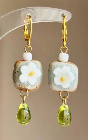 Handmade ceramic cute flower boho retro fairy dangle earrings 🌵🌺🌞💚 thumbnail 1