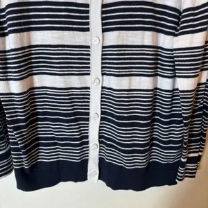LOFT Striped Button‎ Front Cardigan Sweater Size Large White Navy thumbnail 3