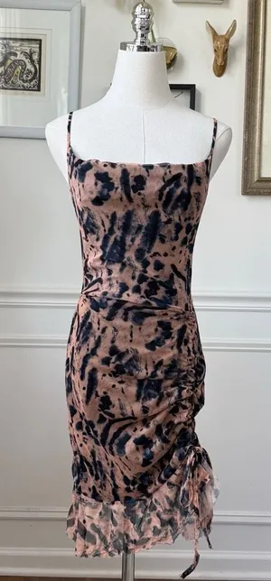 Pretty Little Thing Mesh Bodycon Ruched Mini Dress Dark Blue Beige Peach 4 thumbnail 1