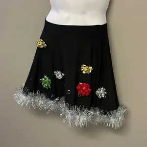 Btween Us Black Fit and Flare Ugly Christmas Skirt w/ Bows & Tinsel Garland- Med thumbnail 2