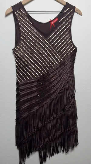 Happyface Women Fringe Flapper Mini‎ Dress Medium Chocolate Brown Asymmetrical thumbnail 1
