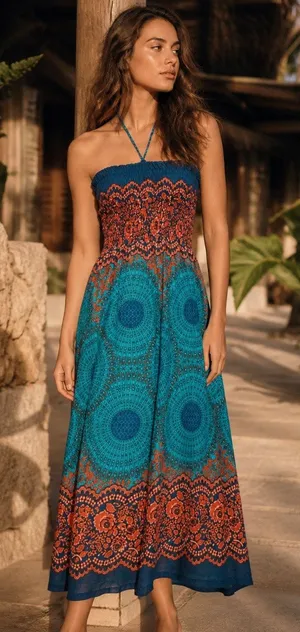 Womens Bali Smocked Lightweight Halter Midi Resort Vacation Casual Dress OS thumbnail 1