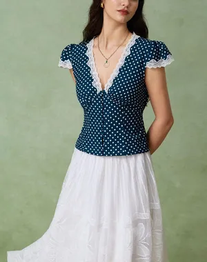 Rihoas Blue Polka Dot Lace Trim Blouse thumbnail 3