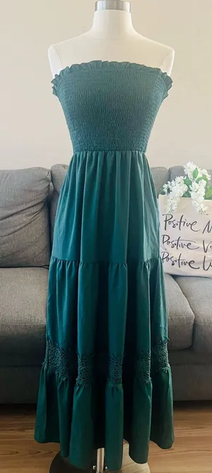 Green Strapless Ruffle Midi Dress thumbnail 1
