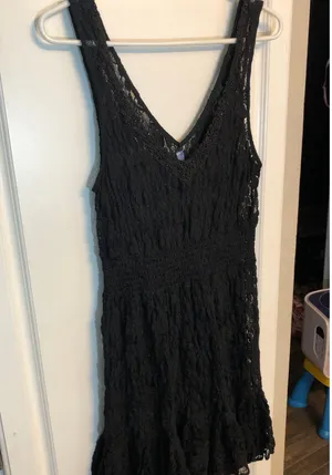 Free People sheer black floral lace mini dress with a beaded v-neck thumbnail 4