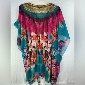 Elegant Floral Women's Tunic in Teal and Pink A556 thumbnail 4