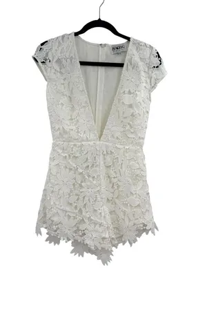 Sabo Skirt White‎ Floral Lace Plunge Neck Romper Bridal Bachelorette Size XS thumbnail 1