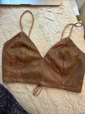 Lulus Sparkly Cropped V Neck Lace Up Back In Bronze Gold Size Small thumbnail 4
